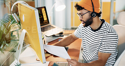 Buy stock photo Businessman, computer and document for creativity, article presentation or review in creative office. Journalist, headset or tech in agency for video call, topic research or thinking for planning