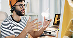 Computer, agent and man with headset, customer service and research for order on website or call center. Communication, representative and person with tech for info, online and consultation for sales