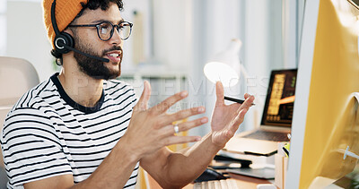 Buy stock photo Computer, agent and man with headset, customer service and research for order on website or call center. Communication, representative and person with tech for info, online and consultation for sales