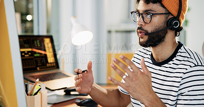 Buy stock photo Computer, agent and man with headset, talking and customer service for order on website and call center. Communication, representative and person with tech for info, online and consultation for sales