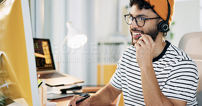 Buy stock photo Happy, agent and man with headset, consultation and communication with microphone and call center. Business, representative and person with advice for contact, talking and customer service for order