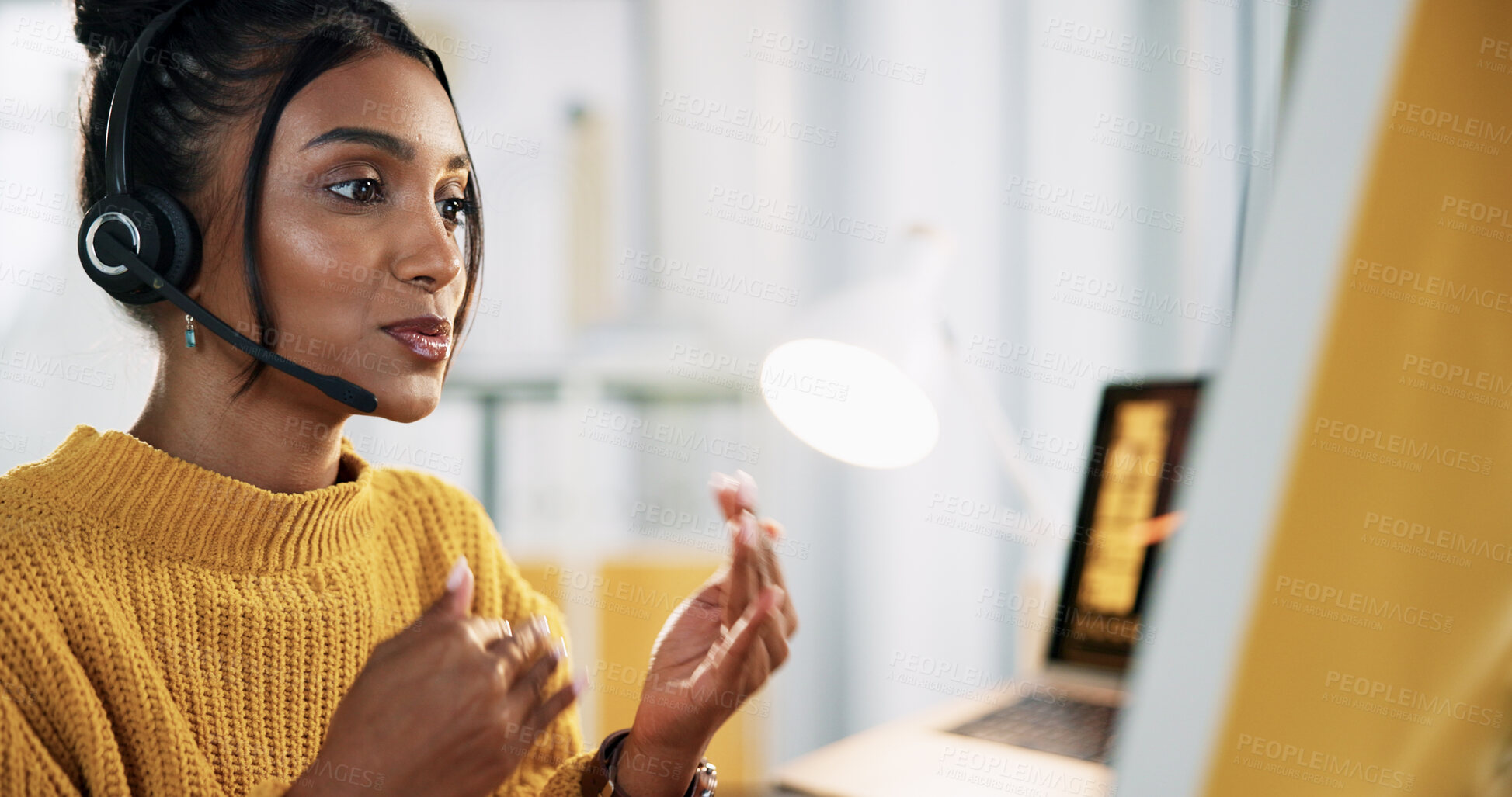 Buy stock photo Advice, agent and woman with headset, call center and communication with microphone and customer service. Business, representative and person with tech for contact, talking or consultation for order