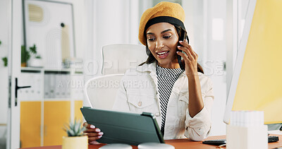 Buy stock photo Creative, woman and phone call with tablet in office for discussion, schedule interview and story chat. Journalist, conversation and digital of news report, contact information and publication agenda