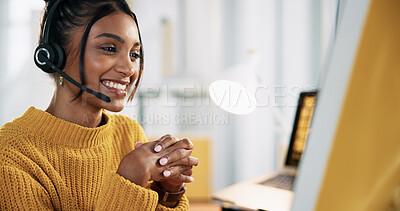 Buy stock photo Call center, representative and woman with headset, smile and review of sales on computer or online. Customer service, agent and person with tech for communication, happy or employee with info on web