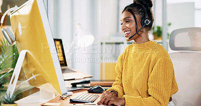 Buy stock photo Call center, representative and woman with headset, online and review of sales on computer or smile. Telemarketing, agent and person with tech for communication, happy or employee with info on web