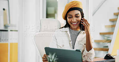 Buy stock photo Woman, phone call and smile with tablet in office for discussion, confirm schedule and reporter chat. Journalist, conversation and digital with story feedback, client contact and publication proposal