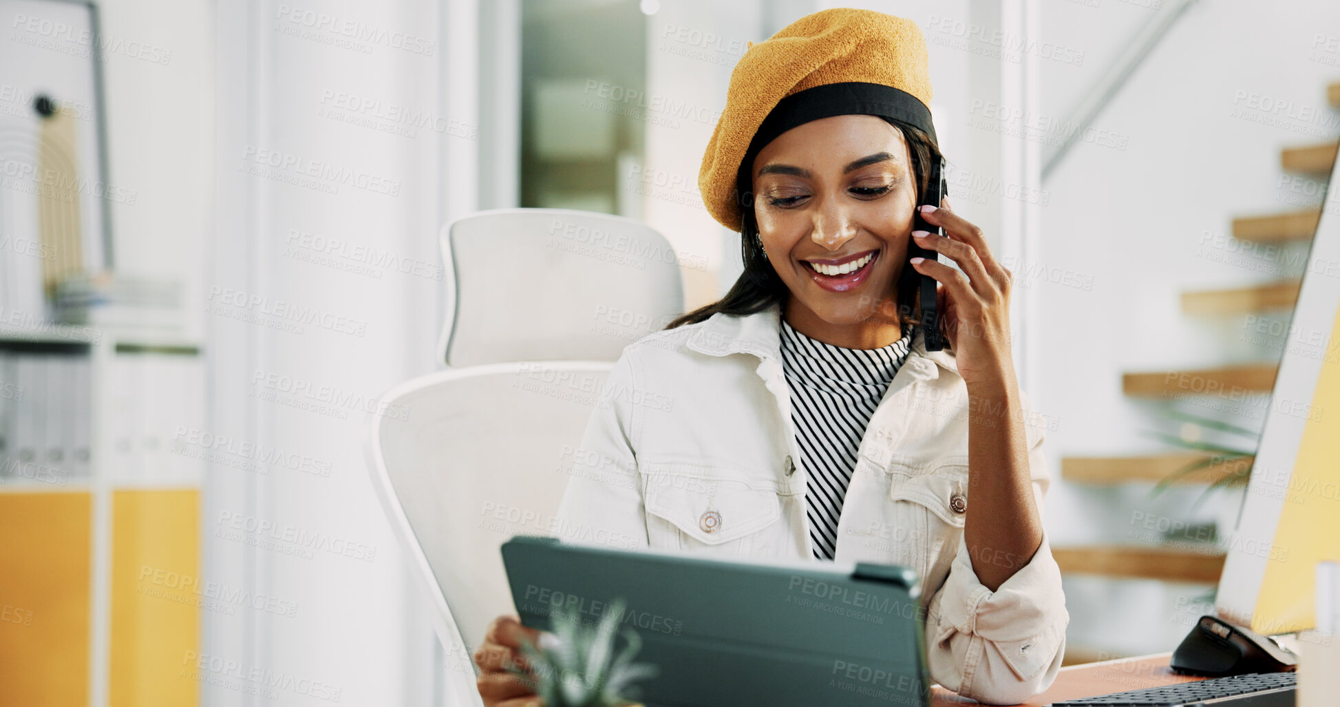 Buy stock photo Woman, phone call and smile with tablet in office for discussion, confirm schedule and reporter chat. Journalist, conversation and digital with story feedback, client contact and publication proposal