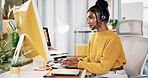 Typing, representative and woman with computer, call center and info for order on website and online. Customer service, agent and person with tech for communication, research and headset for chat