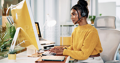 Buy stock photo Typing, representative and woman with computer, call center and info for order on website and online. Customer service, agent and person with tech for communication, research and headset for chat