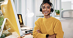 Call center, agent and woman with headset, arms crossed and confident for customer service and smile. Business, representative and person with pride for sales, communication and portrait in India
