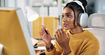 Buy stock photo Computer, headphones and business woman on video call for communication with social media analyst. Webinar, virtual meeting and creative worker talk with tech for engagement results in startup office