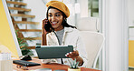 Happy, woman and phone call with tablet in office for discussion, confirm schedule and reporter chat. Journalist, conversation and digital with story feedback, client contact and publication proposal