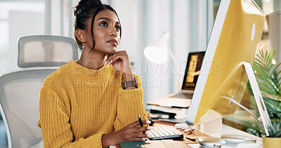 Thinking, computer and business woman in office for insight, inspiration or planning decision. Startup, vision and creative worker with thoughts for mindset, ponder or reflection for problem solving