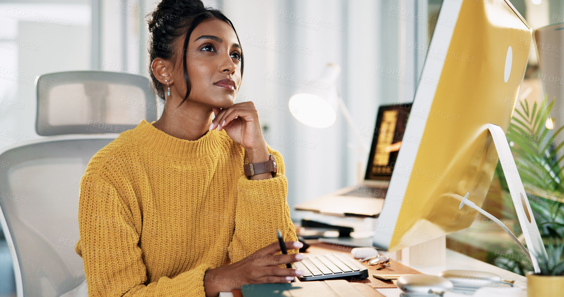 Buy stock photo Thinking, computer and business woman in office for insight, inspiration or planning decision. Startup, vision and creative worker with thoughts for mindset, ponder or reflection for problem solving