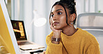 Creative, woman and bored with computer in office for software design, deadline procrastination and low energy. Web designer, employee and tired at agency for site development, fatigue and exhausted