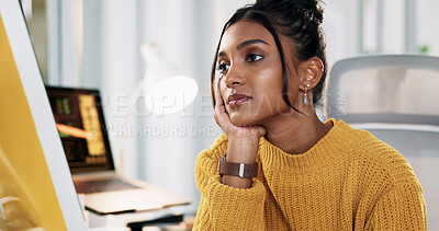Buy stock photo Creative, woman and bored with computer in office for software design, deadline procrastination and low energy. Web designer, employee and tired at agency for site development, fatigue and exhausted