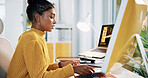 Reading, computer and research with business woman in office for creative newsletter, publication or planning. Email marketing, subscription campaign and copywriting editor with person in agency