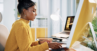 Buy stock photo Reading, computer and research with business woman in office for creative newsletter, publication or planning. Email marketing, subscription campaign and copywriting editor with person in agency