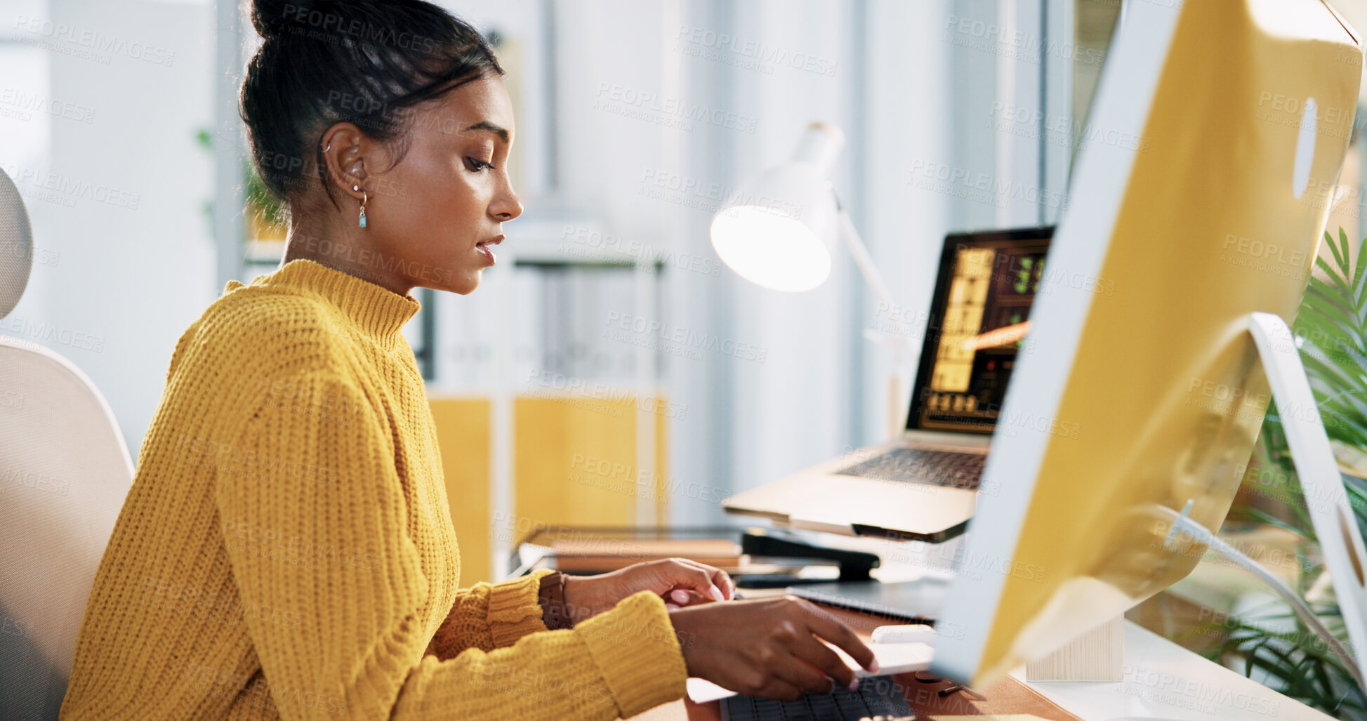 Buy stock photo Reading, computer and research with business woman in office for creative newsletter, publication or planning. Email marketing, subscription campaign and copywriting editor with person in agency