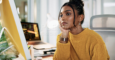 Buy stock photo Creative, bored and woman with thinking by computer for software design, deadline procrastination and moody. Web designer, employee and low energy at agency for site development, fatigue and burnout