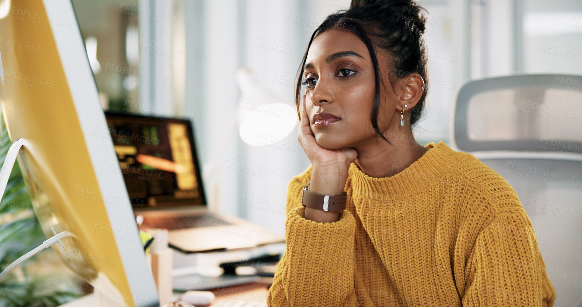 Buy stock photo Creative, bored and woman with thinking by computer for software design, deadline procrastination and moody. Web designer, employee and low energy at agency for site development, fatigue and burnout
