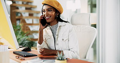 Buy stock photo Smile, woman and phone call with computer in office for discussion, confirm schedule and reporter chat. Journalist, conversation and pc with story feedback, client contact and publication information