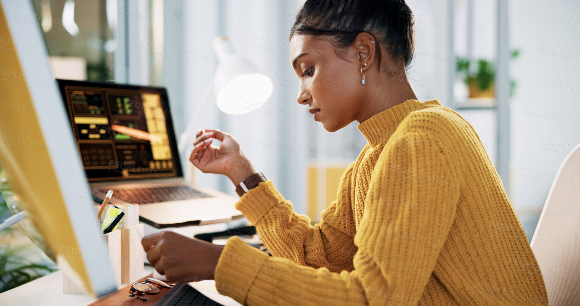 Buy stock photo Paper, reading and business woman in office for research, report or social media analyst thinking of idea. Document, review and serious creative worker with analytics or engagement stats in startup