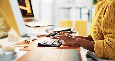 Buy stock photo Hands, typing and computer for research, copywriting or editing newsletter at office desk. Person, writer or editor with desktop keyboard for creative website, social media or email for news business