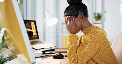 Buy stock photo Creative, computer and woman with headache in office for bad client feedback, internet glitch and overwhelmed. Web designer, person and tension migraine for website testing fail, stress and disaster