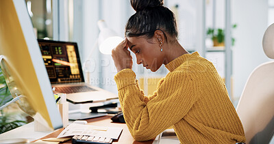 Buy stock photo Creative, paperwork and woman with headache of stress for client feedback, bad SEO review and overwhelmed. Web designer, employee and tension migraine for engagement metrics error and disappointed