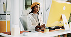 Creative, woman and typing on computer in office for campaign management, KPI tracking and client email. Digital marketing specialist, employee and tech for social media engagement and data analysis