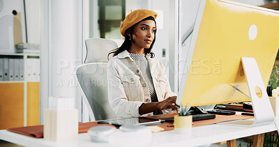 Buy stock photo Creative, woman and typing on computer in office for campaign management, KPI tracking and client email. Digital marketing specialist, employee and tech for social media engagement and data analysis
