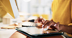 Hands, tablet and computer for creative, research or editing newsletter at office desk. Person, writer or editor with desktop keyboard for copywriting website, social media or email for news business