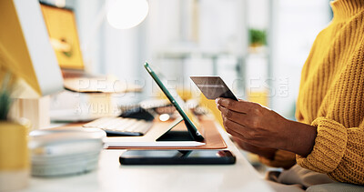 Buy stock photo Office, hands and person with tablet for credit card, software payment and online shopping. Closeup, businesswoman and creative manager with debit for seo platform, application purchase and ecommerce