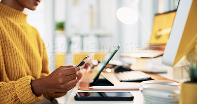 Buy stock photo Office, hands and businesswoman with tablet for credit card, software payment and online shopping. Closeup, female person and creative manager with debit for seo platform, app purchase and ecommerce