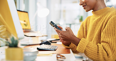 Buy stock photo Woman, phone and texting for creative, research or newsletter feedback at office desk. Person, writer or editor with message for copywriting website, social media or email for online news business