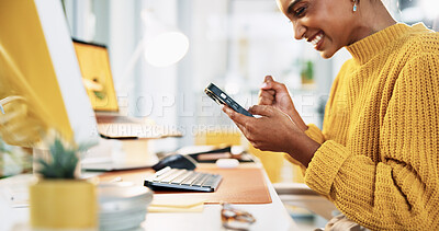 Buy stock photo Woman, phone and excited for creative, research or newsletter approval at office desk. Person, writer or editor with celebration for copywriting website, social media or email for news business