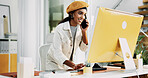 Woman, phone call and reading on computer in office for discussion, confirm schedule and reporter chat. Journalist, conversation and pc with story feedback, client contact and publication information