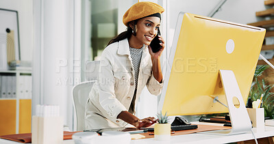 Buy stock photo Woman, phone call and reading on computer in office for discussion, confirm schedule and reporter chat. Journalist, conversation and pc with story feedback, client contact and publication information