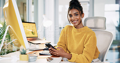 Buy stock photo Woman, phone and portrait for creative, research or newsletter feedback at office desk. Person, writer or editor with message for copywriting website, social media or email for online news business