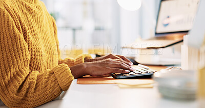 Buy stock photo Woman, hands and computer for creative, research or newsletter feedback at office desk. Person, writer or editor with message for copywriting website, social media or email for online news business