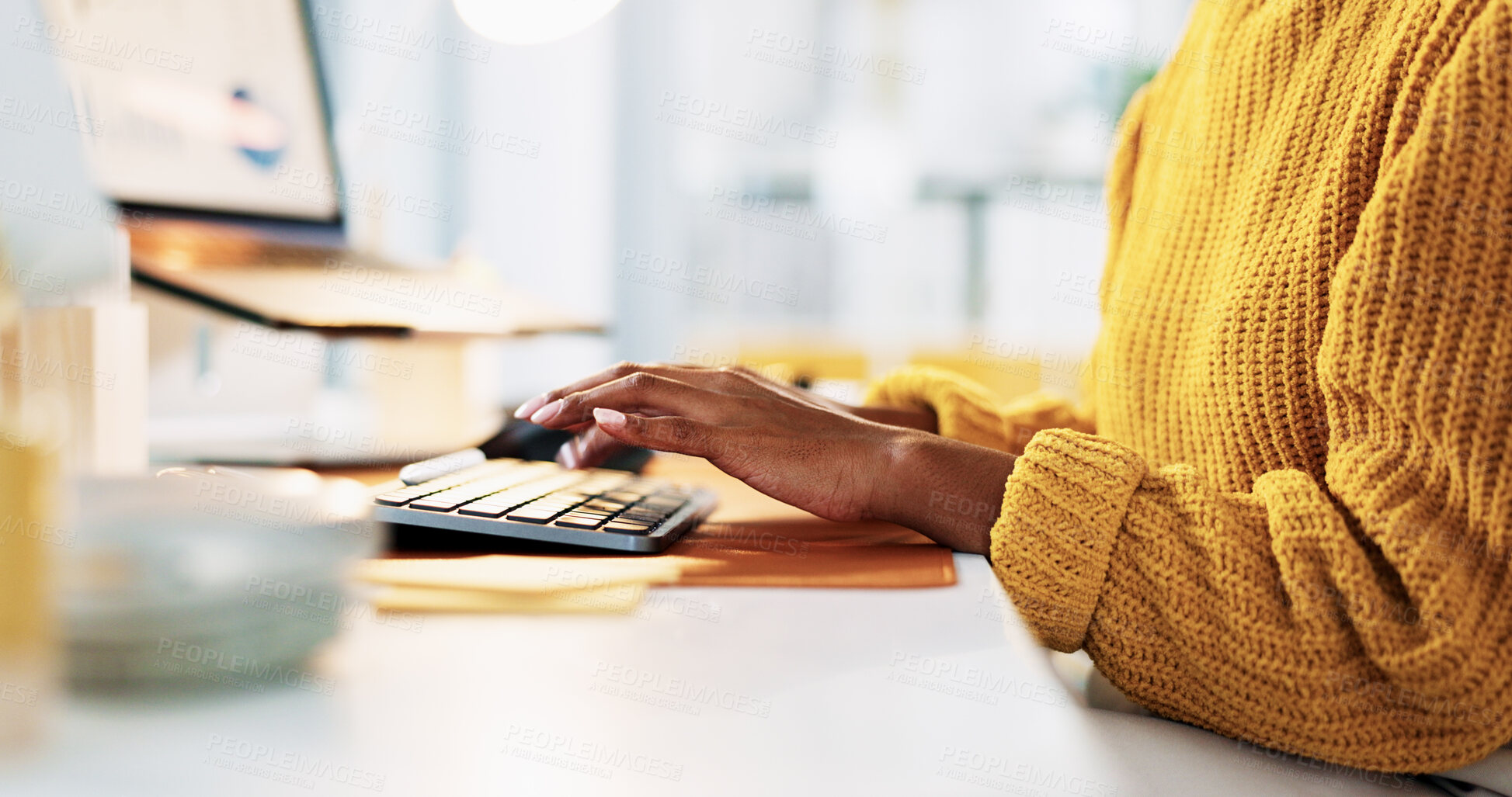 Buy stock photo Woman, hands and computer for creative, copywriting or newsletter feedback at office desk. Person, writer or editor with message for research website, social media or email for online news business