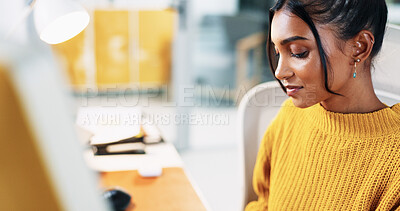 Buy stock photo Thinking, computer and business woman with vision for insight, inspiration or planning decision. Startup, office or creative worker with thoughts for mindset, ponder or reflection for problem solving