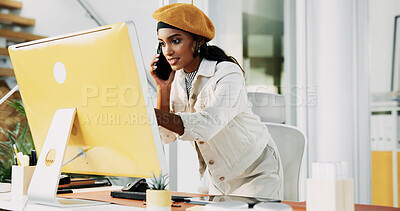 Buy stock photo Woman, phone call and review with computer in office for discussion, confirm schedule and reporter chat. Journalist, conversation and pc for story feedback, client contact and publication information