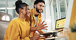 Computer, stock market and business people in office, excited and screen with profit growth. Employees, man and woman with pc, professional broker and investors with discussion and financial success