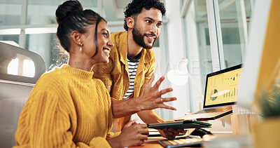 Buy stock photo Computer, stock market and business people in office, excited and screen with profit growth. Employees, man and woman with pc, professional broker and investors with discussion and financial success