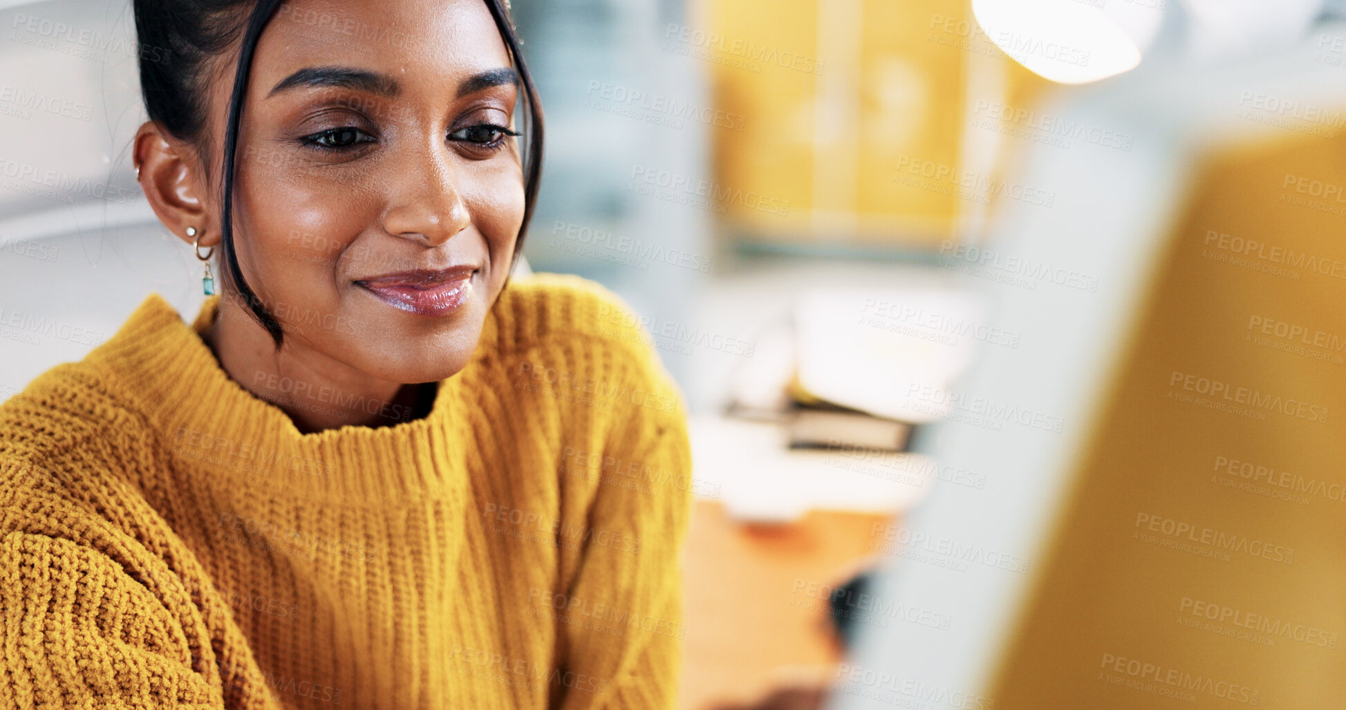 Buy stock photo Blog, computer and smile with business woman in office for creative newsletter, publication or planning. Email marketing, subscription campaign and copywriting editor with person in startup agency