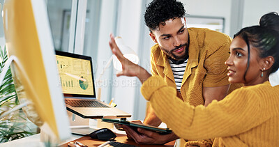 Buy stock photo Computer, stock market and business people in office, advice and screen with profit growth. Employees, man and woman with pc, professional broker and investors with charts, help and financial success