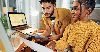 Buy stock photo Creative, charts and business people in office, computer and teamwork for sales. Employees, market analysis and social media analytics with cooperation, pc or research for client subscription or talk