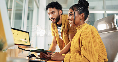 Buy stock photo Computer, stock market and business people in office, tablet and screen with profit growth. Trading, man and woman with tech, professional broker and investors with discussion and financial success